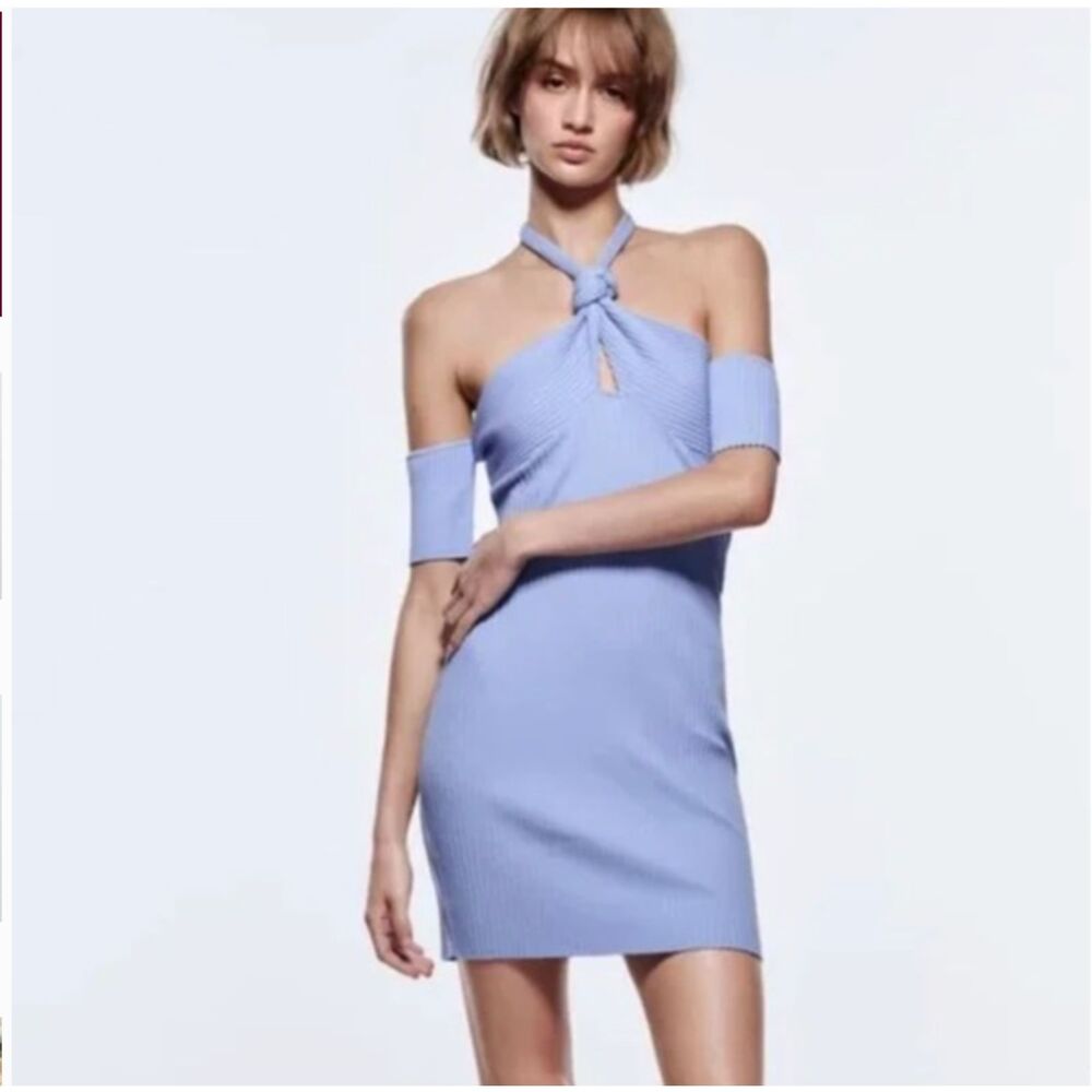 Women Zara Ribbed Mini Dress With Knot Sky Blue Size Medium Casual IT Girl Glam